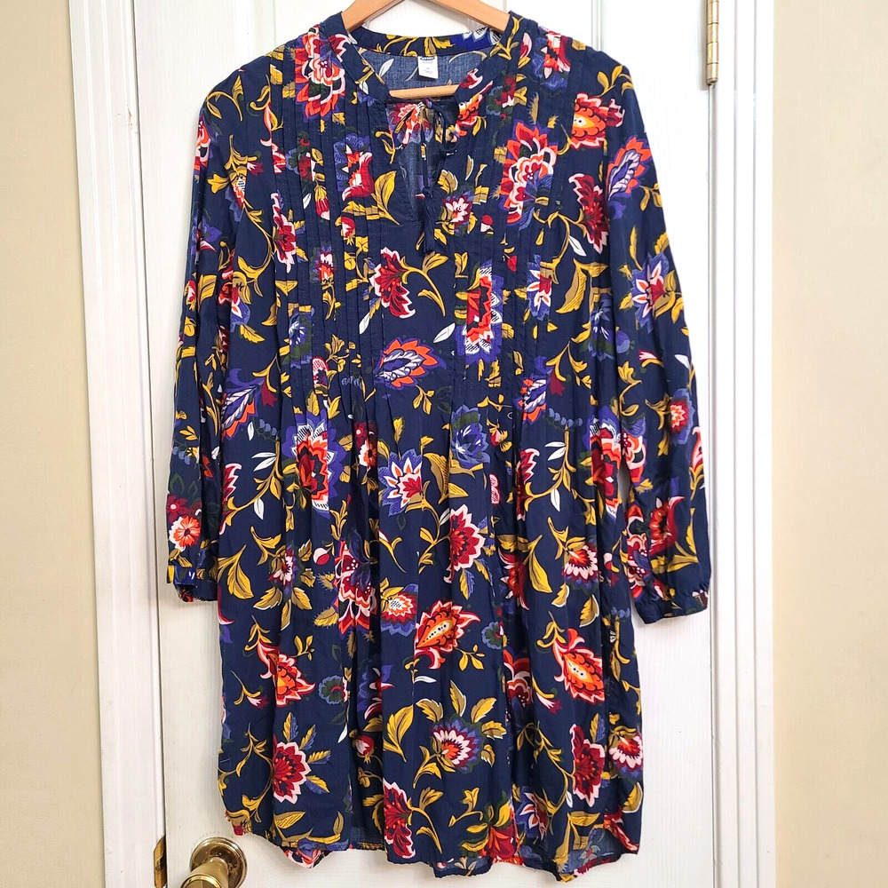 Old Navy Womens Long Sleeve Dress Blue Red Gold Floral Boho Flowy Size M